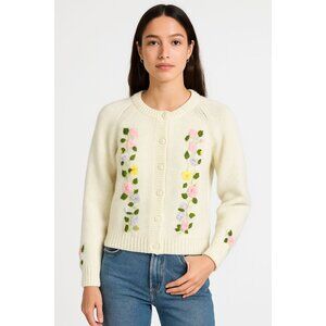 Vintage Cream  Floral Embroidered Cardigan Sweater Women Size M Medium - Feminin